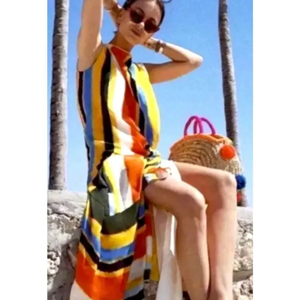 Tory Burch Bettina Silk Stripe Midi Dress | Colorblock Sleeveless Resort Mediter